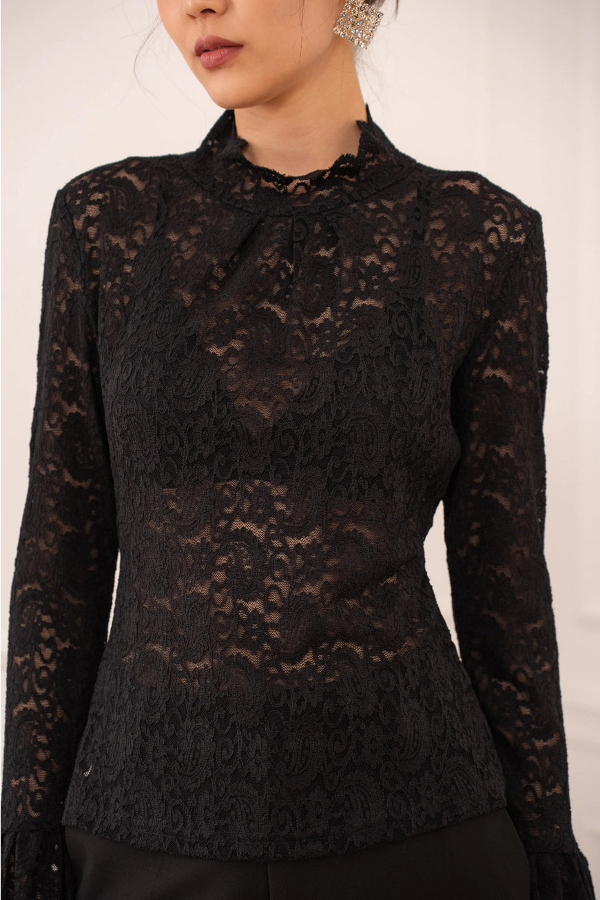 Carol High-Neck Lace Pusero Black