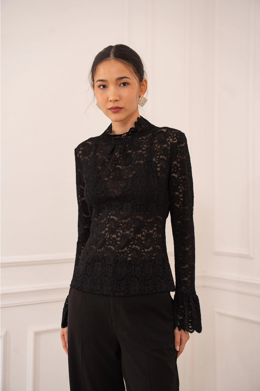 Carol High-Neck Lace Pusero Black