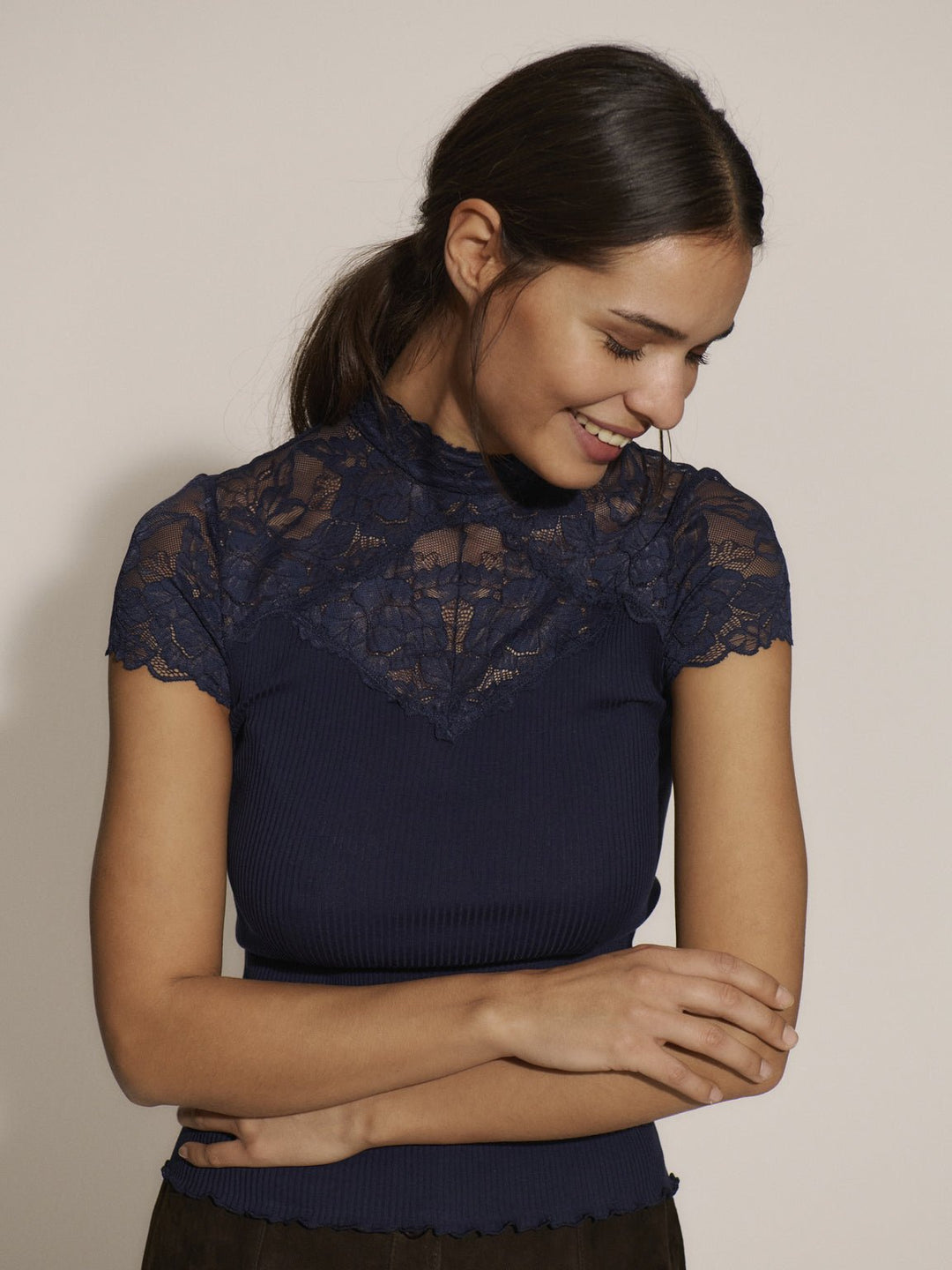Beatha Silk Capsleeve Lace T-shirt Navy - Rosemunde - My Milou