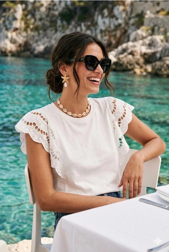 Puuvillatoppi Pitsihihalla White