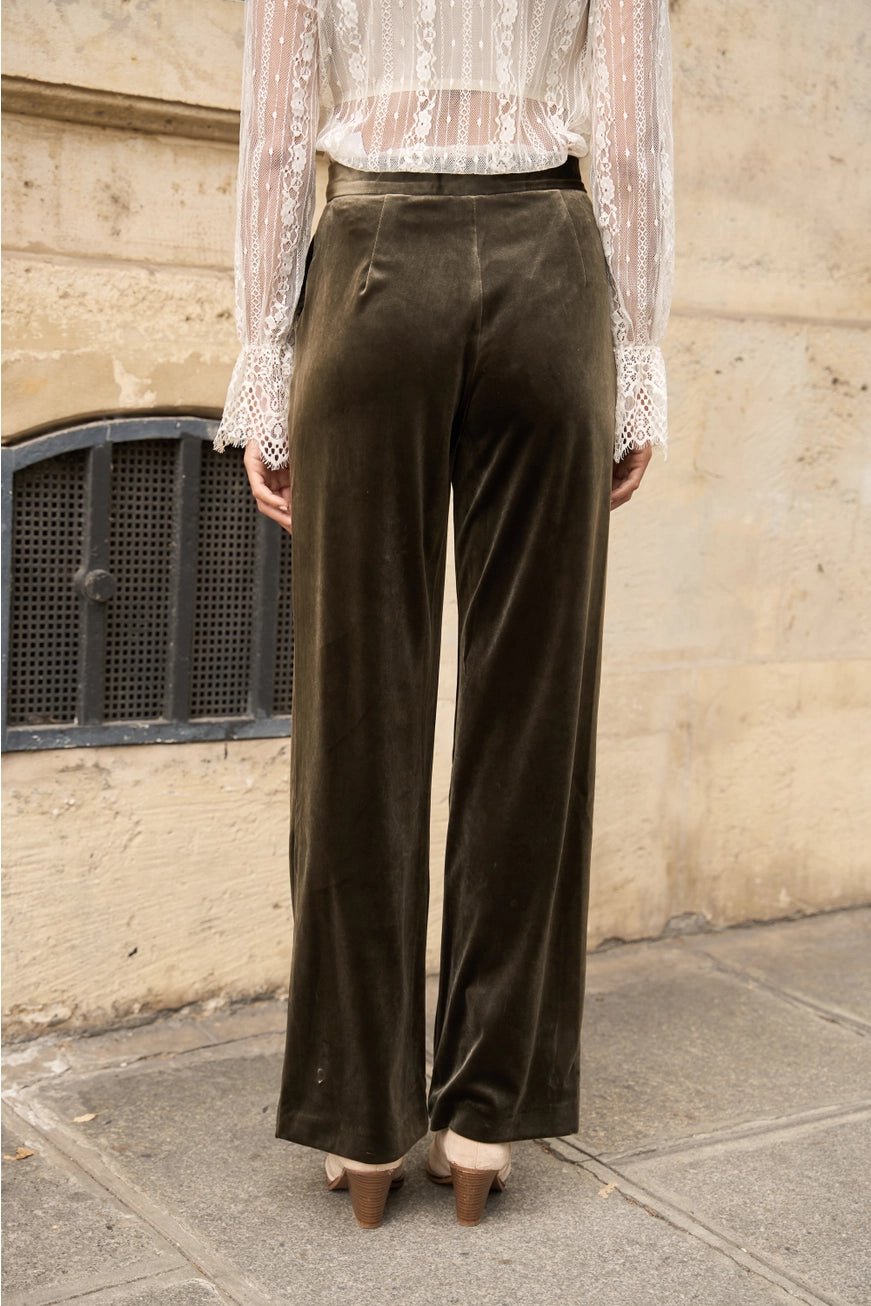 High-Waisted Velvet Housut Khaki - CHOKLATE PARIS - My Milou