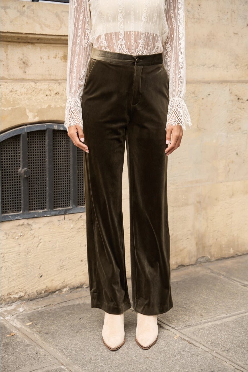 High-Waisted Velvet Housut Khaki - CHOKLATE PARIS - My Milou