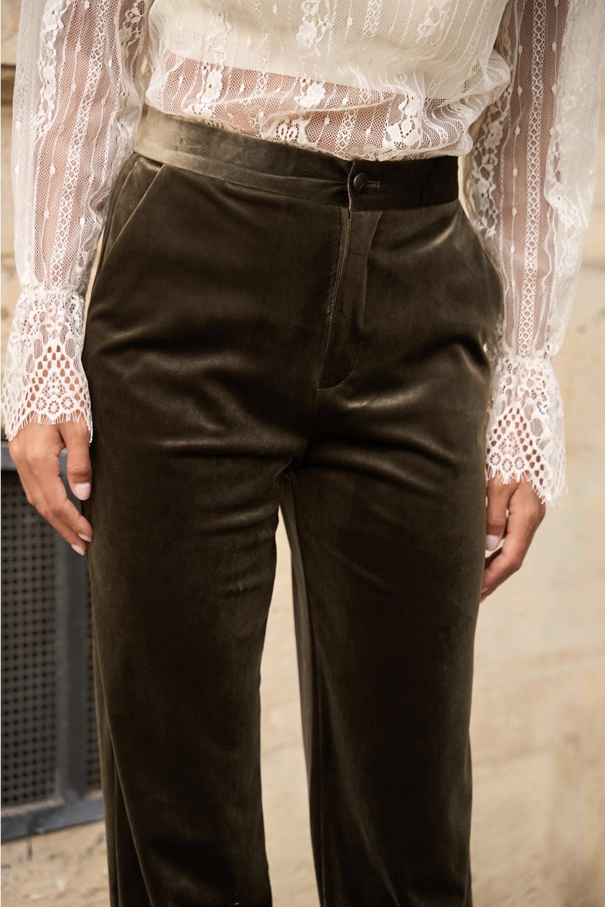 High-Waisted Velvet Housut Khaki - CHOKLATE PARIS - My Milou