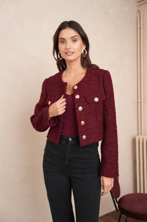 Jenny Short Jacket in Sequined Tweed Bordeaux - CHOKLATE PARIS - My Milou