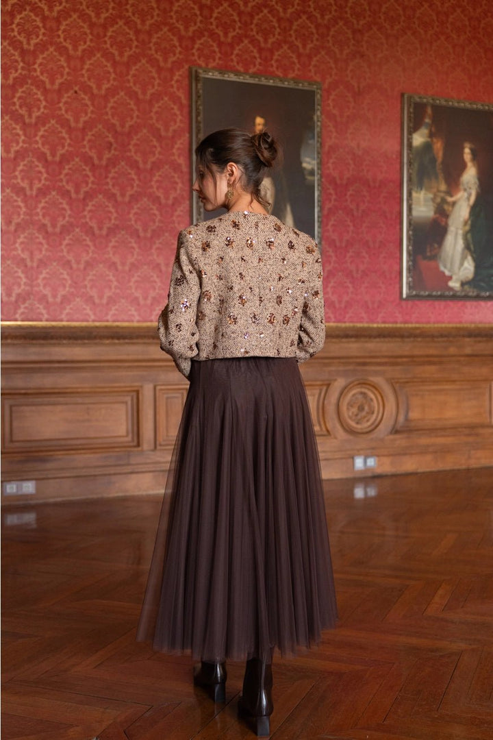 Jenny Short Sequin Tweed Jacket Camel - CHOKLATE PARIS - My Milou