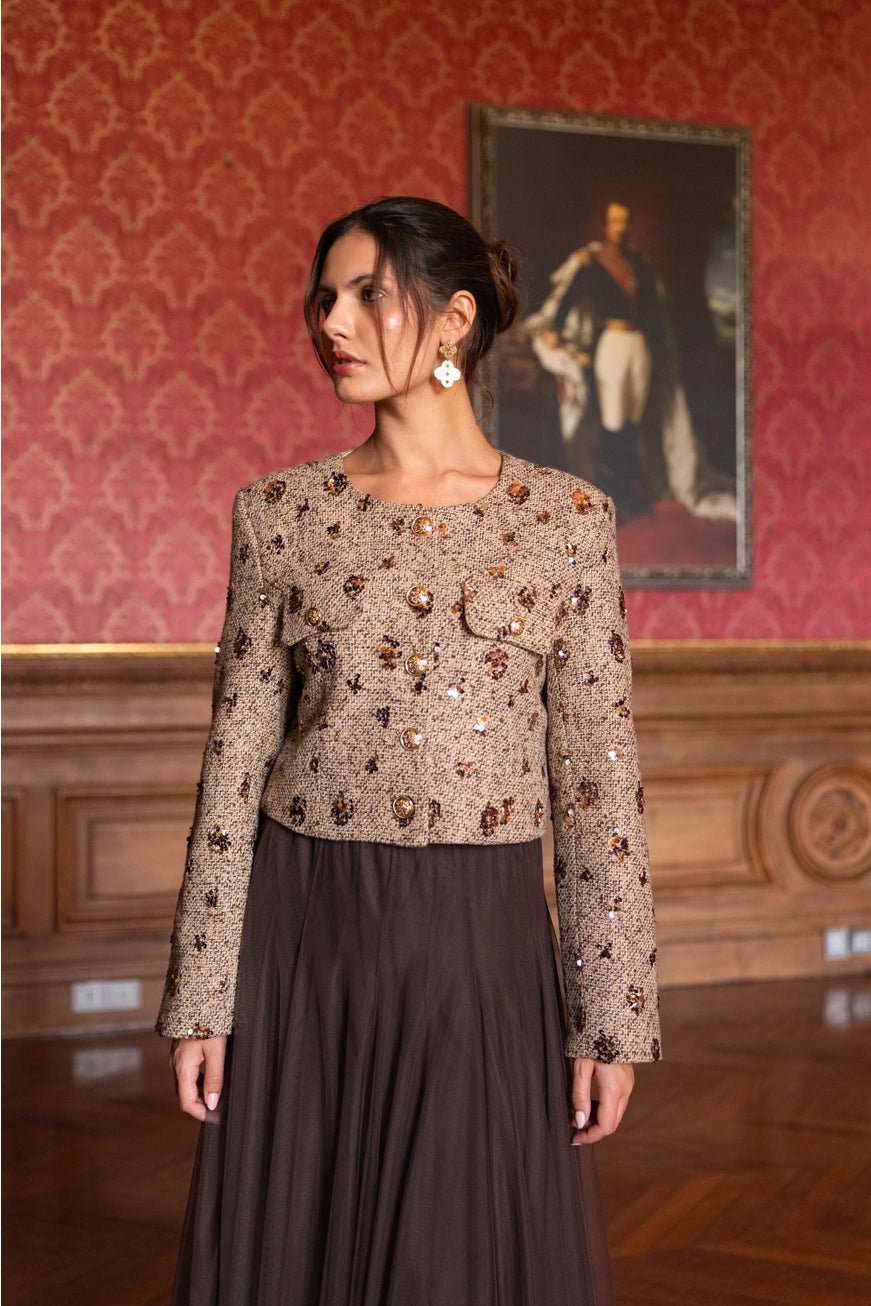 Jenny Short Sequin Tweed Jacket Camel - CHOKLATE PARIS - My Milou