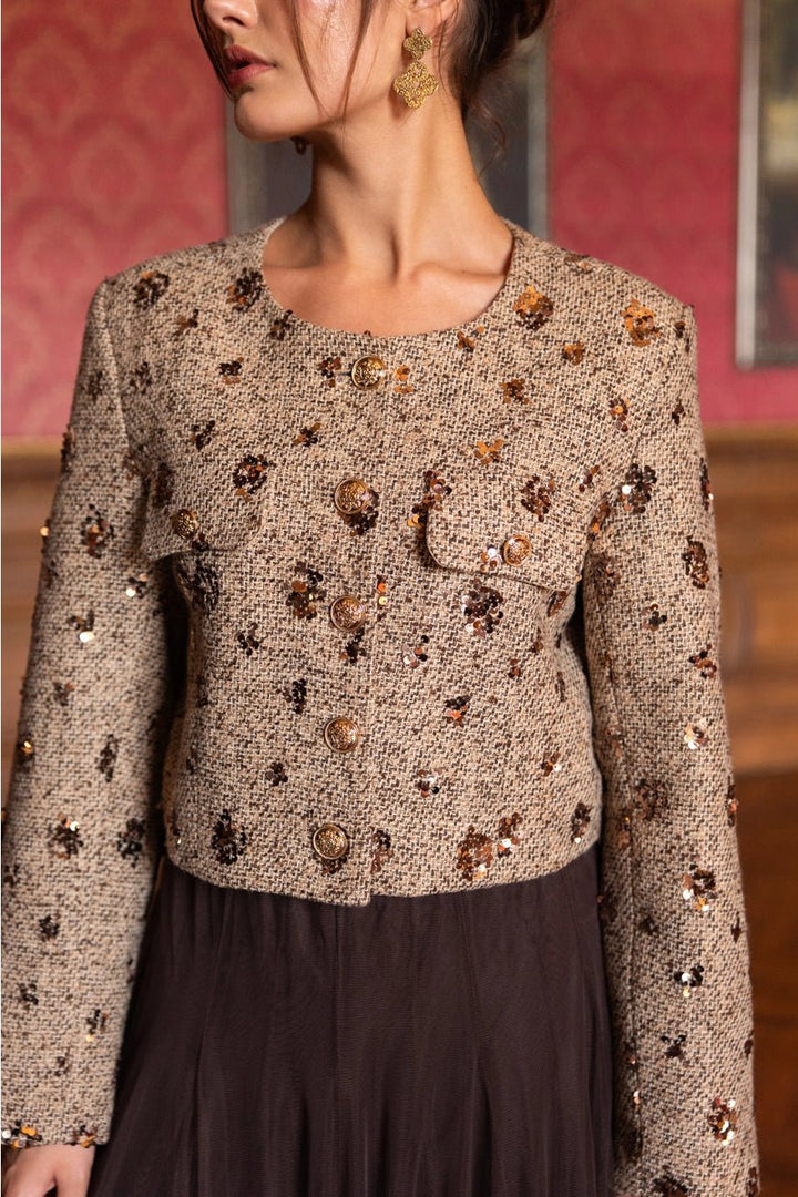 Jenny Short Sequin Tweed Jacket Camel - CHOKLATE PARIS - My Milou