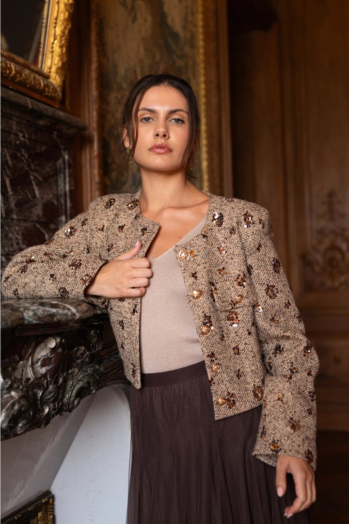Jenny Short Sequin Tweed Jacket Camel - CHOKLATE PARIS - My Milou