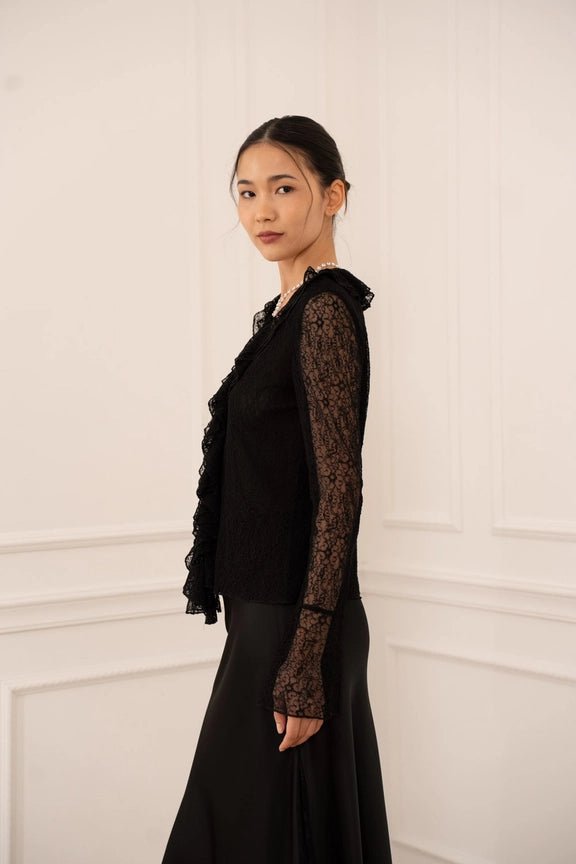 Lace Blouse with Ruffled V - Neck Black - CHOKLATE PARIS - My Milou