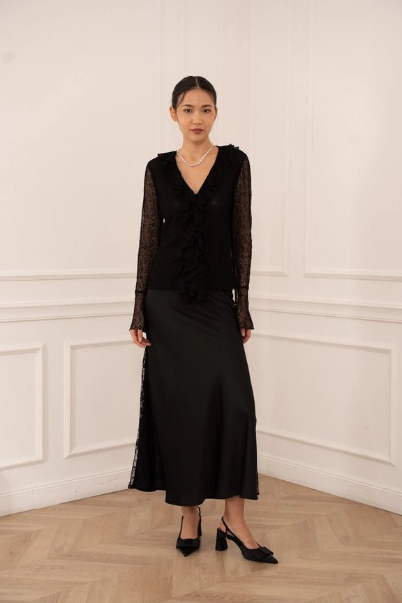 Lace Blouse with Ruffled V - Neck Black - CHOKLATE PARIS - My Milou