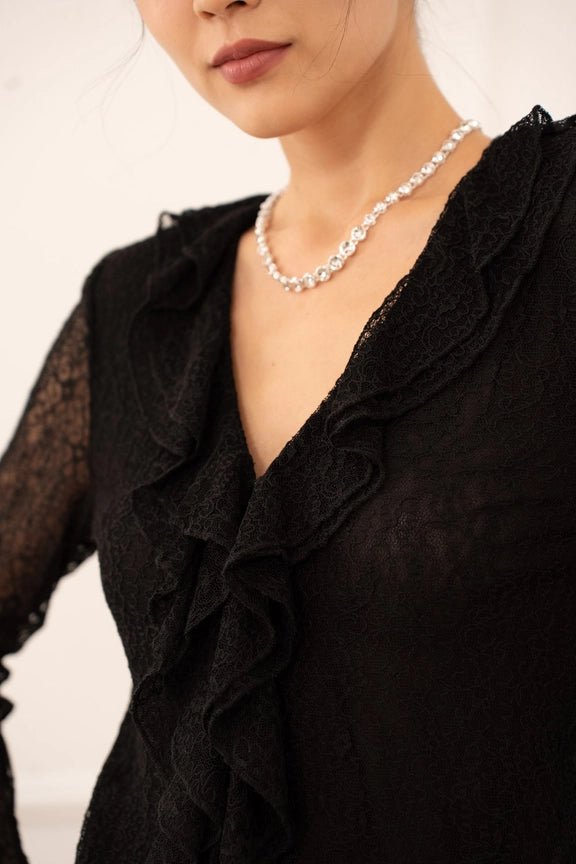 Lace Blouse with Ruffled V - Neck Black - CHOKLATE PARIS - My Milou