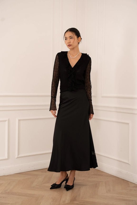 Lace Blouse with Ruffled V - Neck Black - CHOKLATE PARIS - My Milou