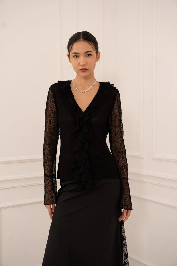 Lace Blouse with Ruffled V - Neck Black - CHOKLATE PARIS - My Milou