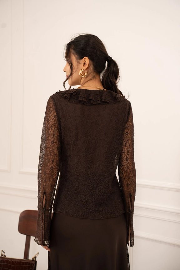 Lace Blouse with Ruffled V - Neck Choco - CHOKLATE PARIS - My Milou