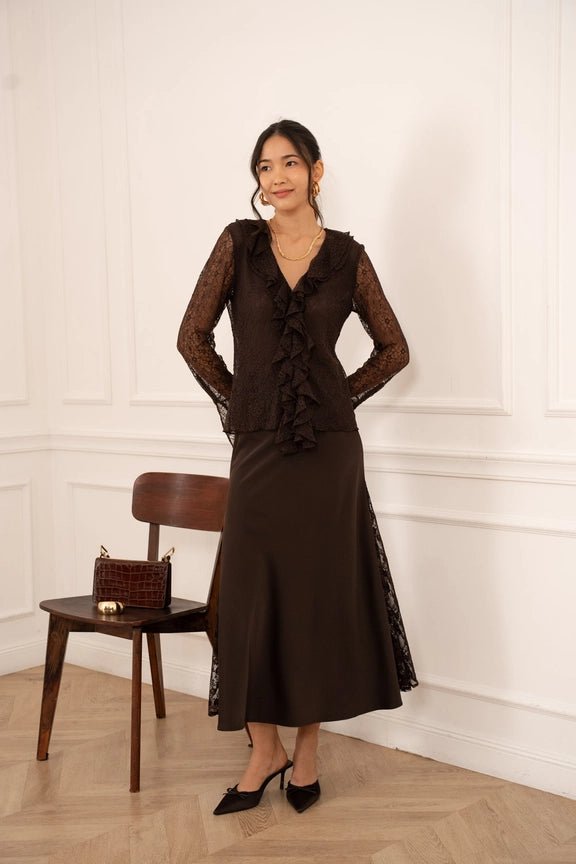 Lace Blouse with Ruffled V - Neck Choco - CHOKLATE PARIS - My Milou