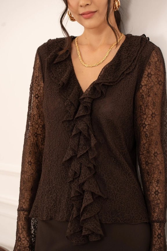 Lace Blouse with Ruffled V - Neck Choco - CHOKLATE PARIS - My Milou