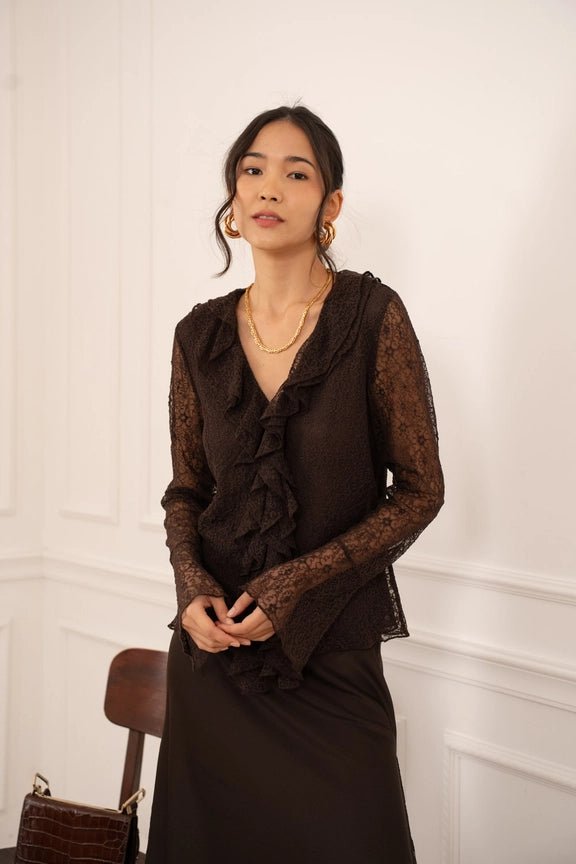 Lace Blouse with Ruffled V - Neck Choco - CHOKLATE PARIS - My Milou