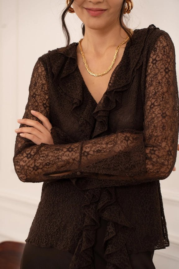 Lace Blouse with Ruffled V - Neck Choco - CHOKLATE PARIS - My Milou