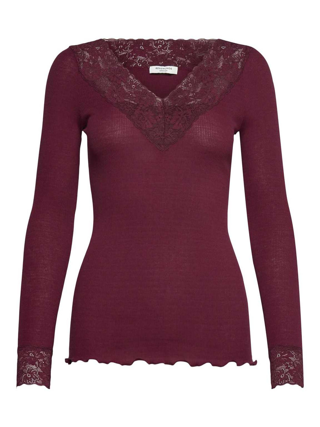 RWBernadine Organic LS V-neck Lace Pusero Windsor Wine - Rosemunde - My Milou