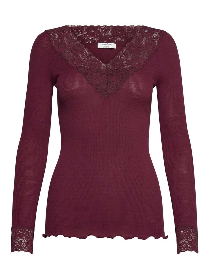 RWBernadine Organic LS V-neck Lace Pusero Windsor Wine - Rosemunde - My Milou