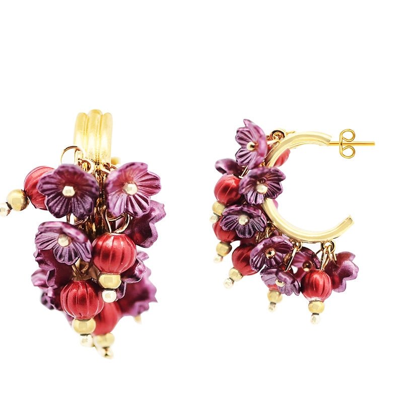 Triple Hoop Korvakorut with Beads and Enameled Flowers Red - My Milou - My Milou